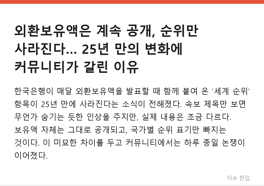 외환보유액은 계속 공개, 순위만 사라진다… 25년 만의 변화에 커뮤니티가 갈린 이유 - 1/8
