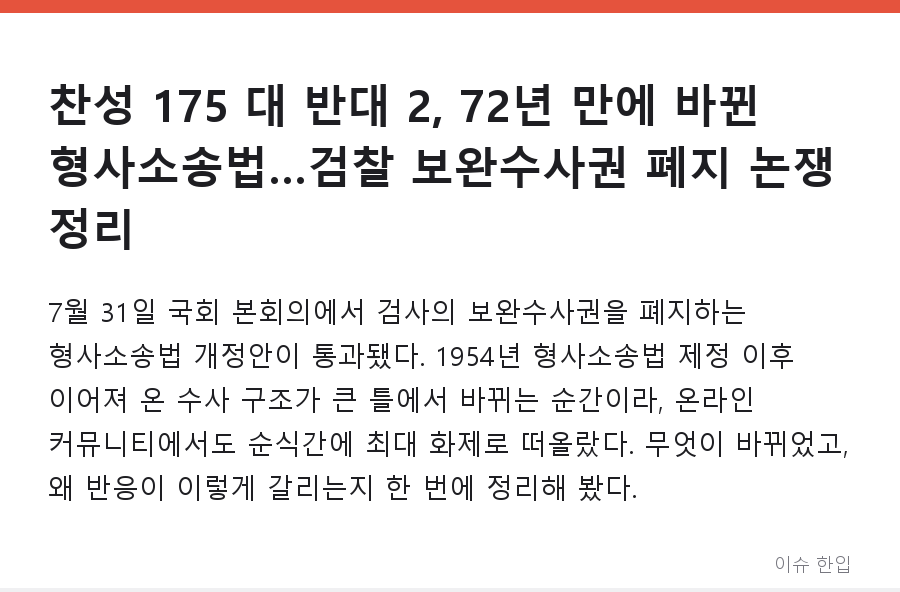 찬성 175 대 반대 2, 72년 만에 바뀐 형사소송법…검찰 보완수사권 폐지 논쟁 정리 - 1/7