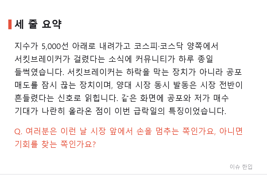 코스피 5,000선 붕괴에 양대 시장 서킷브레이커…커뮤니티가 하루 종일 이 글만 본 이유 - 8/8
